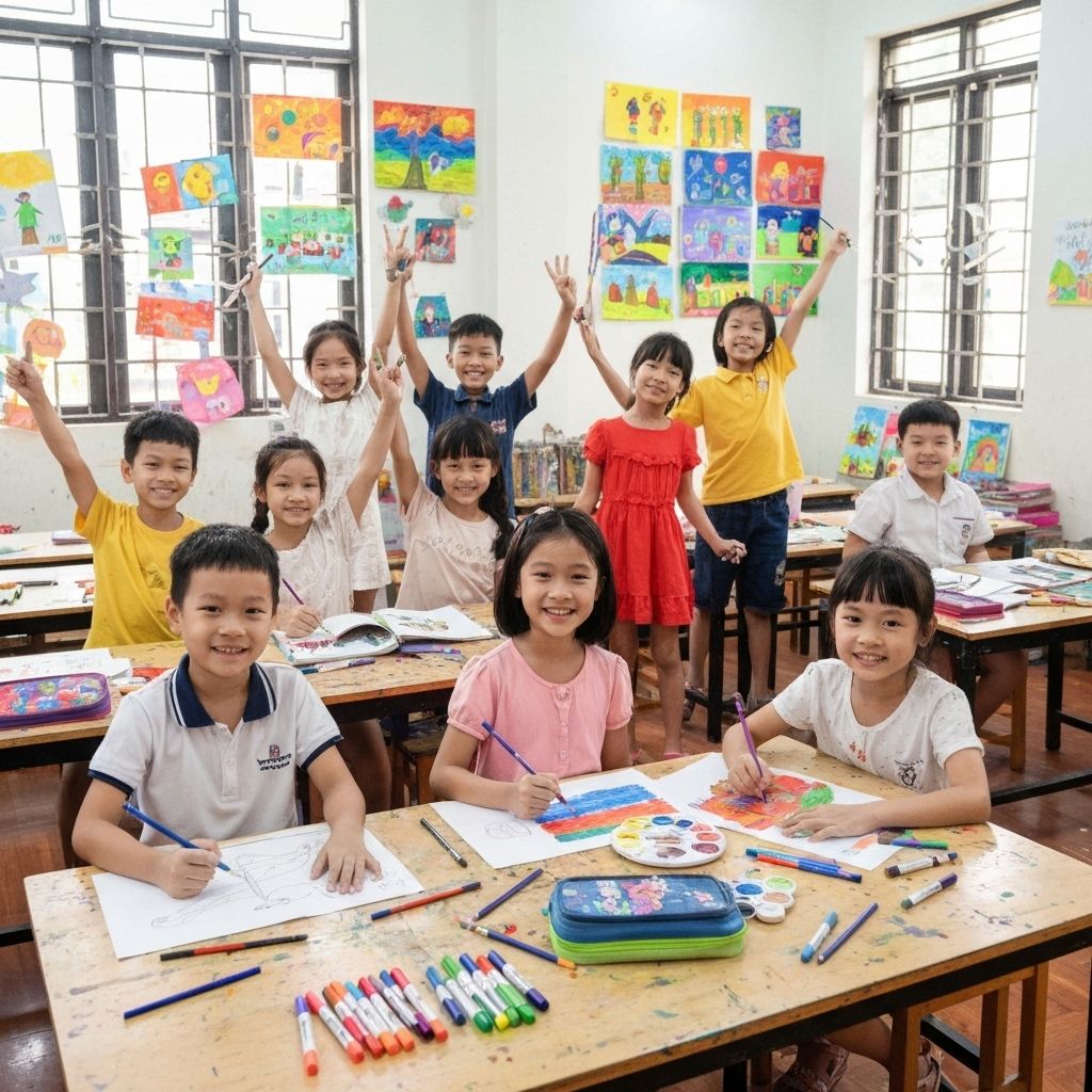 Trẻ em Việt Nam vui vẻ trong lớp học nghệ thuật