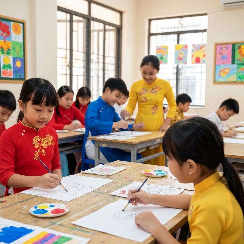 Tranh học sinh - áo dài truyền thống